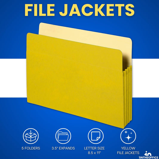 1InTheOffice File Jackets, File Jackets Letter Size, File Pocket, Expandable, 3.5" Expansion, Letter Size, Reinforced Straight Cut Tab, Gusset, Yellow, 5 Pack