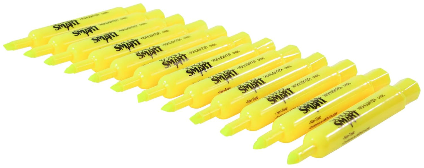 School Smart Tank Style Highlighters, Chisel Tip, Yellow, Pack of 12