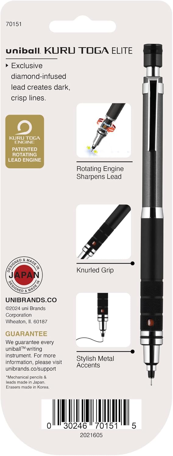 uniball Kuru Toga Elite Mechanical Pencil Starter Kit, 0.5mm, HB #2, Silver Barrel, 1 Pack