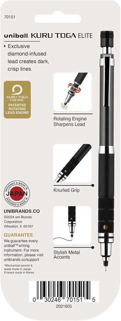 uniball Kuru Toga Elite Mechanical Pencil Starter Kit, 0.5mm, HB #2, Silver Barrel, 1 Pack