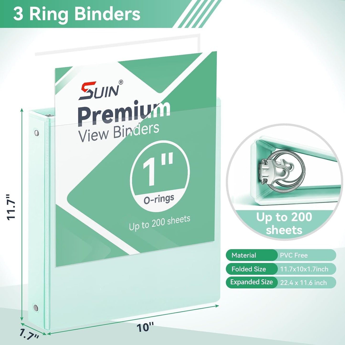 SUIN 1 Inch 3 Ring Binder, Clear 1'' View Presentation Binders with 2 Pockets, Fits 8.5 x 11 Letter Size, Durable Polypropylene, Non-Stick & PVC-Free for School, Office & Home (Orange)