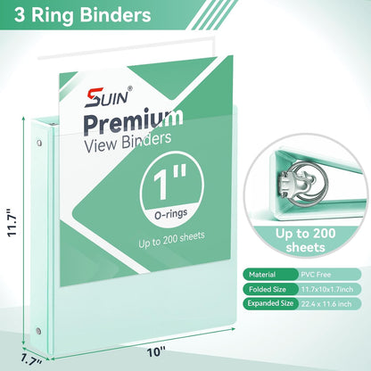 SUIN 1 Inch 3 Ring Binder, Clear 1'' View Presentation Binders with 2 Pockets, Fits 8.5 x 11 Letter Size, Durable Polypropylene, Non-Stick & PVC-Free for School, Office & Home (Orange)