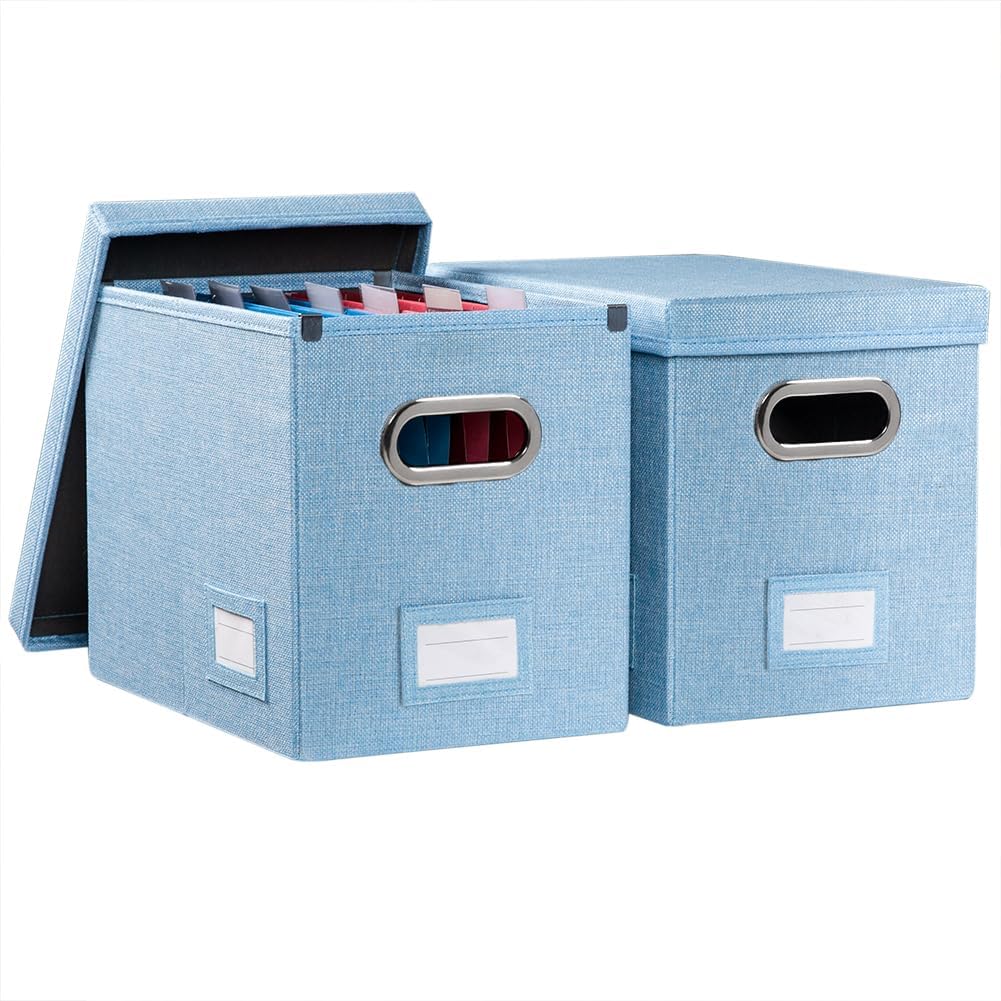 PRANDOM File Organizer Box - Collapsible Decorative Linen Filing Storage with Lids for Letter Size - Grey (14x9.3x10.8 inch)