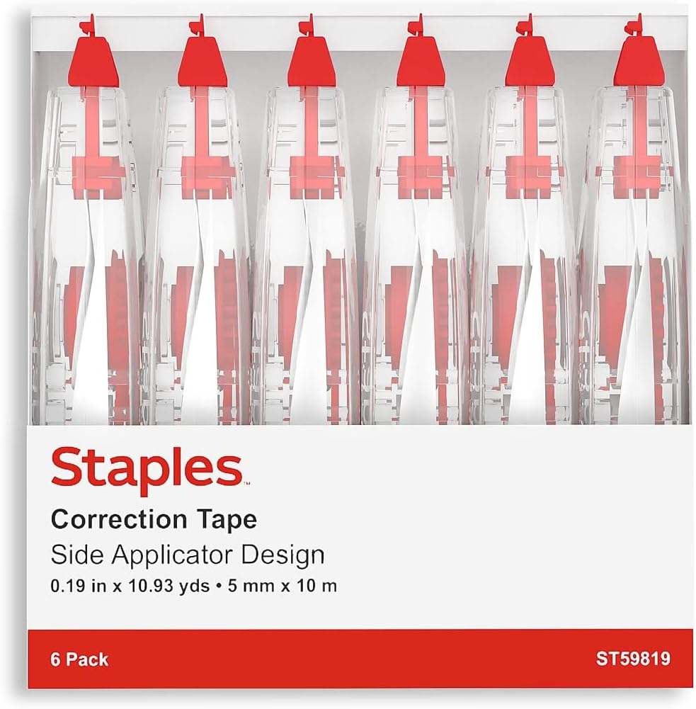 STAPLES Correction Tape, White, 6 Pack – Instant Dry Tape for Clean Corrections at School & Office
