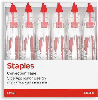 STAPLES Correction Tape, White, 6 Pack – Instant Dry Tape for Clean Corrections at School & Office