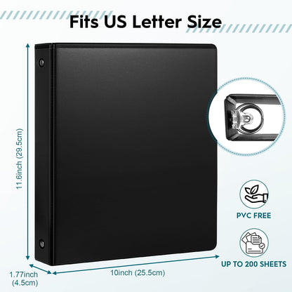 1'' Economy 3-Ring Binders, 1-inch Round Rings, Holds 200 Sheets US Letter Size, ClearVue Presentation View, Non-Stick, Black (12)