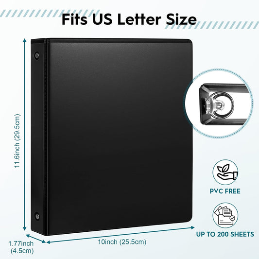 1'' Economy 3-Ring Binders, 1-inch Round Rings, Holds 200 Sheets US Letter Size, ClearVue Presentation View, Non-Stick, Black (12)
