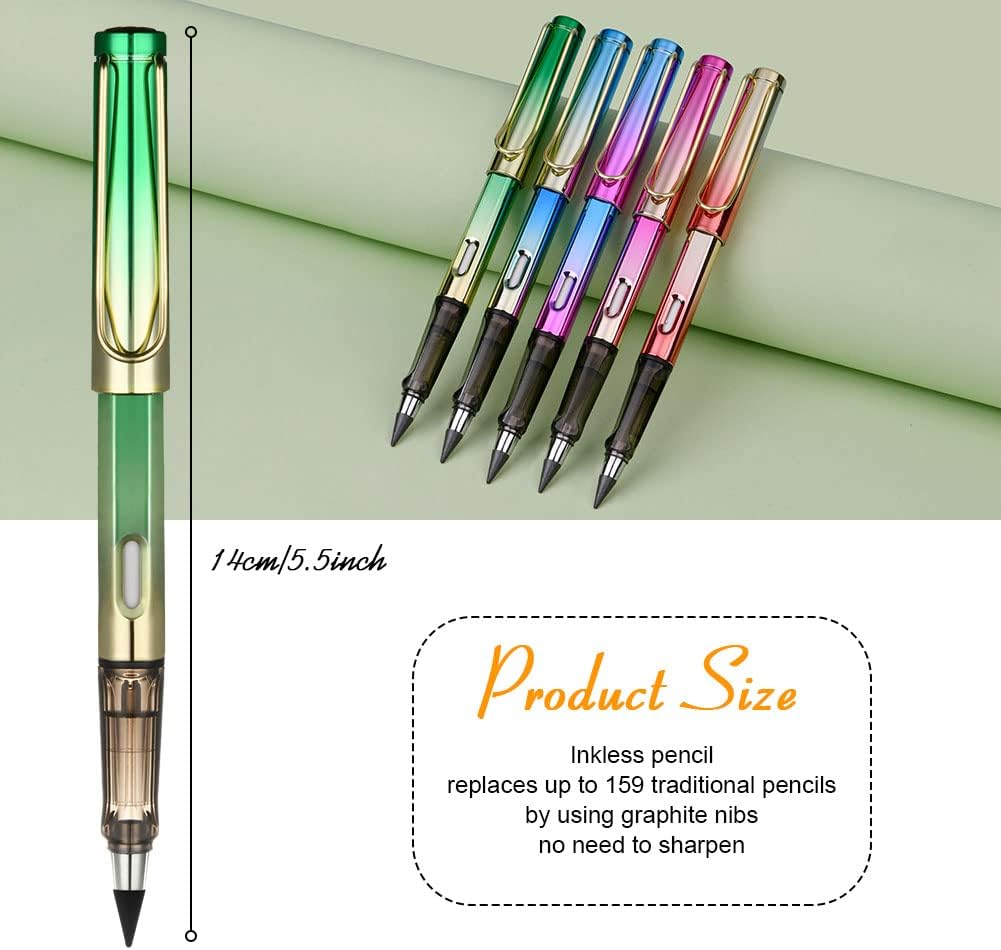Ainiv Inkless Pencil with Eraser - 5 Sets Infinity Pencil, Reusable with Extra 5 Eraser & 5 Replaceable Nibs for Home, Office & School Writing, Drawing