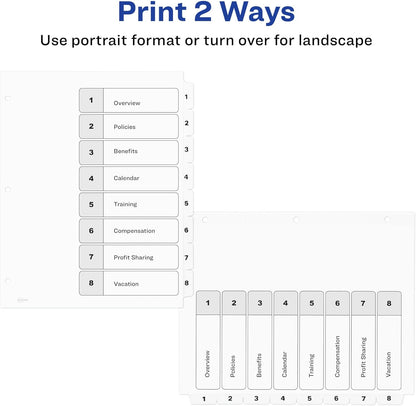 Avery Dividers for 3 Ring Binders, 8 Tabs per Set, Customizable Table of Contents, Classic White Tabs, Great for Organizing Reports, Projects, and More (11132)
