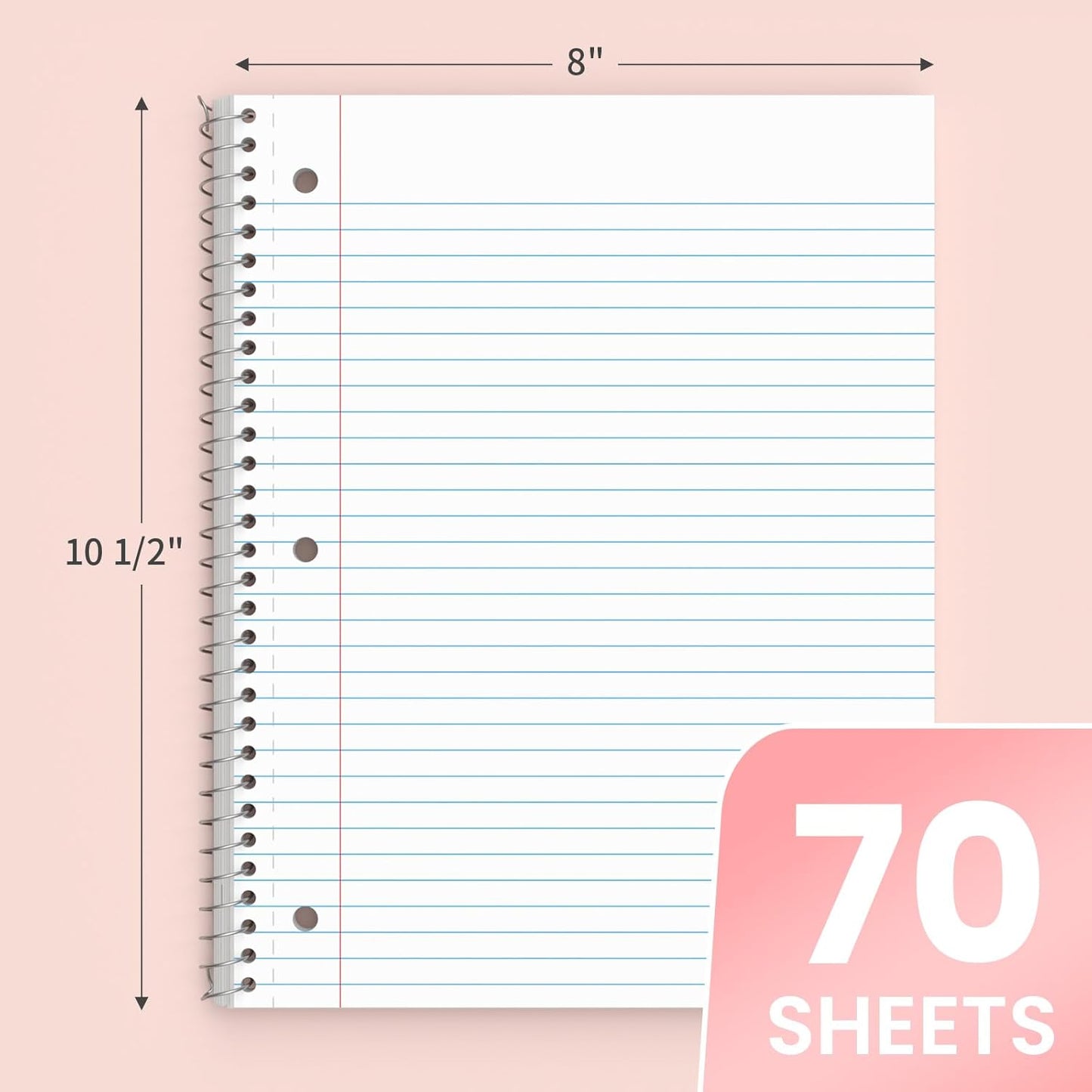 Oucaru Spiral Notebook College Ruled, 5 Pack, 1 Subject, 70 Sheets 8-1/2" x 10", 3 Hole Punched, Lined Journaling Notebooks, for Writing, Home & Office, School Supplies