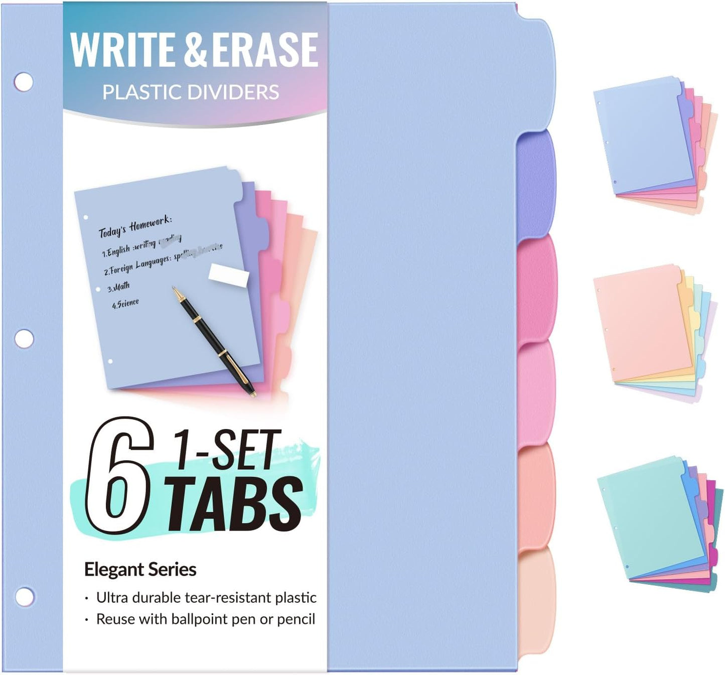 Sooez 6-Tab 3 Ring Binder dividers with tabs, Durable Plastic Write & Erase Tab Dividers for 3 Ring Binder, Aesthetic Cute Binder Dividers for Student, Teacher, Office, Home Organizers, 1 Sets