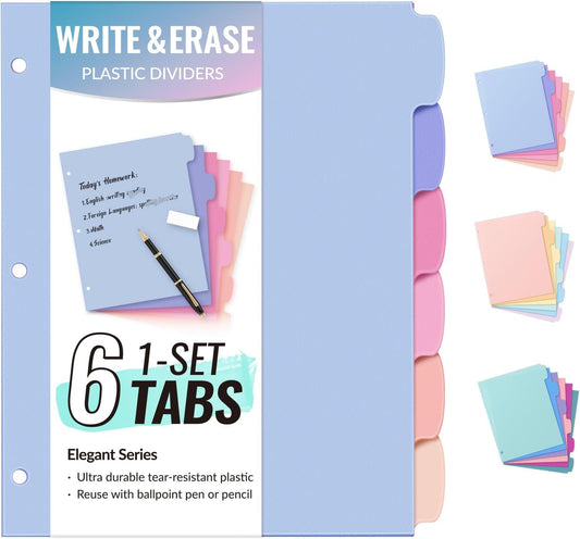 Sooez 6-Tab 3 Ring Binder dividers with tabs, Durable Plastic Write & Erase Tab Dividers for 3 Ring Binder, Aesthetic Cute Binder Dividers for Student, Teacher, Office, Home Organizers, 1 Sets