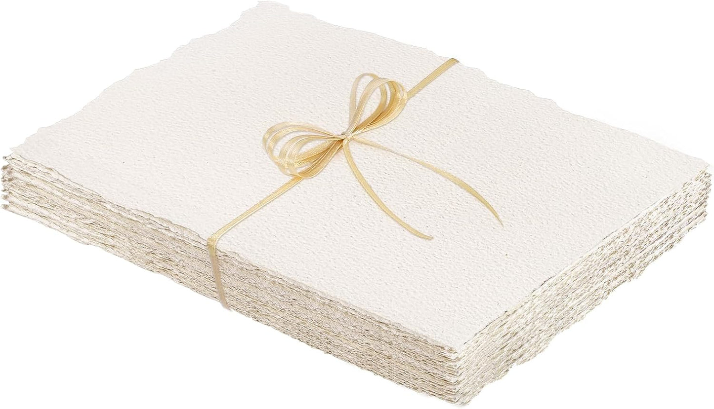 Prudiut 25 Sheets Cotton Watercolor Paper, 300 GSM Deckled Edge, 5 x 7 inch, Rough/Textured, White, for Watercolors, Wedding Invitations, Cards, Crafts