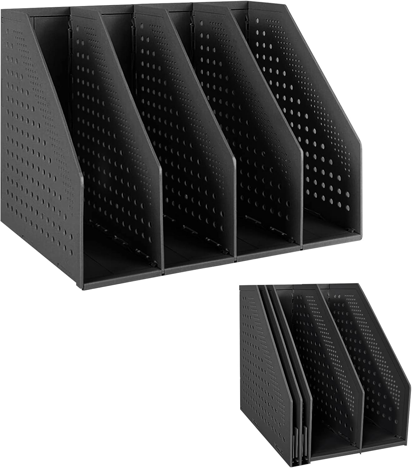 SAYEEC 1Pcs Collapsible Plastic Magazine File Holder Vertical Binder Storage Organizer for Desk Sturdy Upright Desktop Magazine Organizer Folder Rack for Office School Home (3 Compartments, Gray)