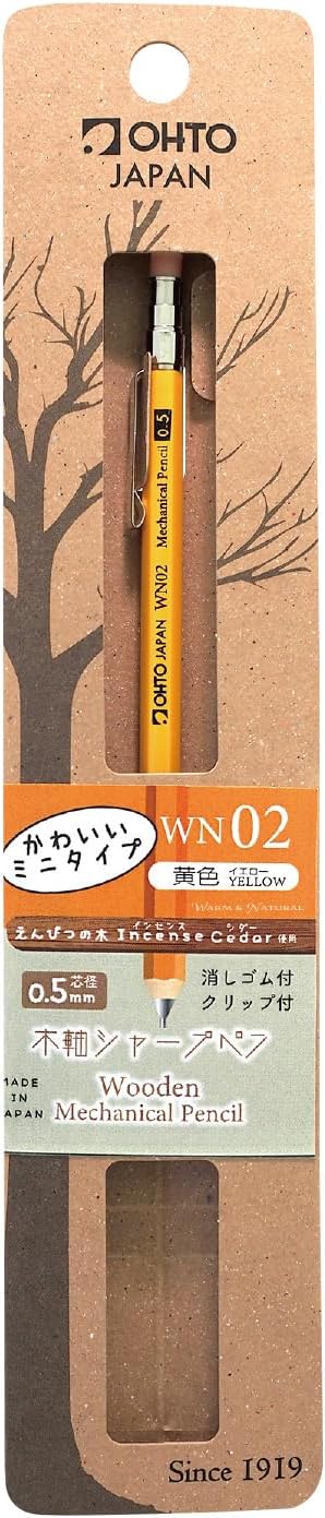 OHTO WN02 Wooden Mechanical Pencil, 0.5mm Fine Point, Mini-Sized Barrel with Clip, Yellow Body, Made from Incense Cedar, WN02-SP5-YL
