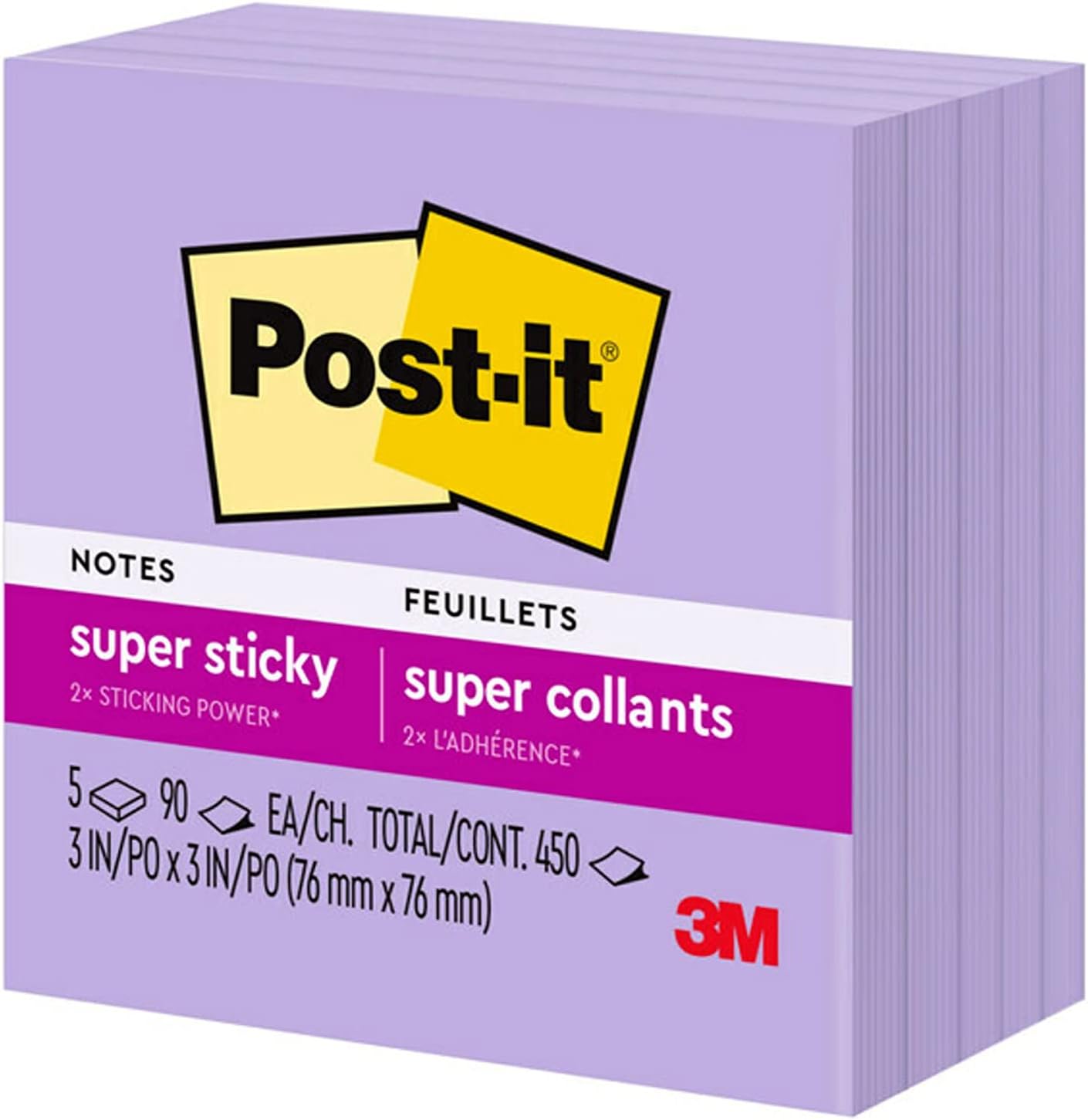 Post-it Super Sticky Notes, 5 Sticky Note Pads, 3 x 3 in., School Supplies, Office Products, for Vertical Surfaces, Monitors, Walls and Windows, First Snow White