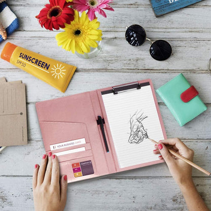 Pink Padfolio Clipboard Portfolio Folder with Pen - Geila PU Leather Resume Portfolio - Interview/Legal Document Organizer & Conference Folder for Business Office - with 8.5 x11In Writing Pad