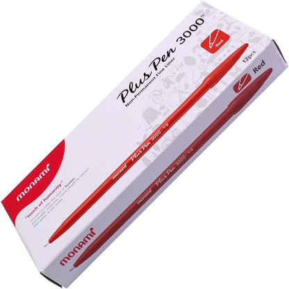 Monami Plus 3000 Office Sign Pen Felt Tip Water Based Ink Color Pen Complete Red,Blue,Black Dozen Box