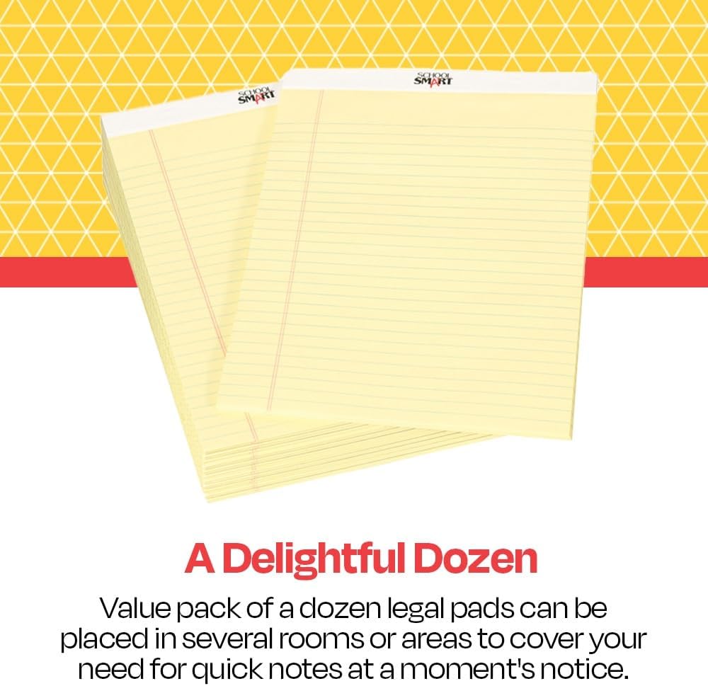 School Smart Legal Pad, 8-1/2 x 11-3/4 Inches, Canary, 50 Sheets, Pack of 12