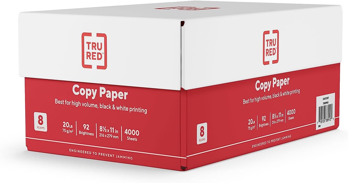 TRU RED 8.5x11 Copy Paper 20 lb. 92-Bright 5000 Sheets/Carton, For Office, School & Home