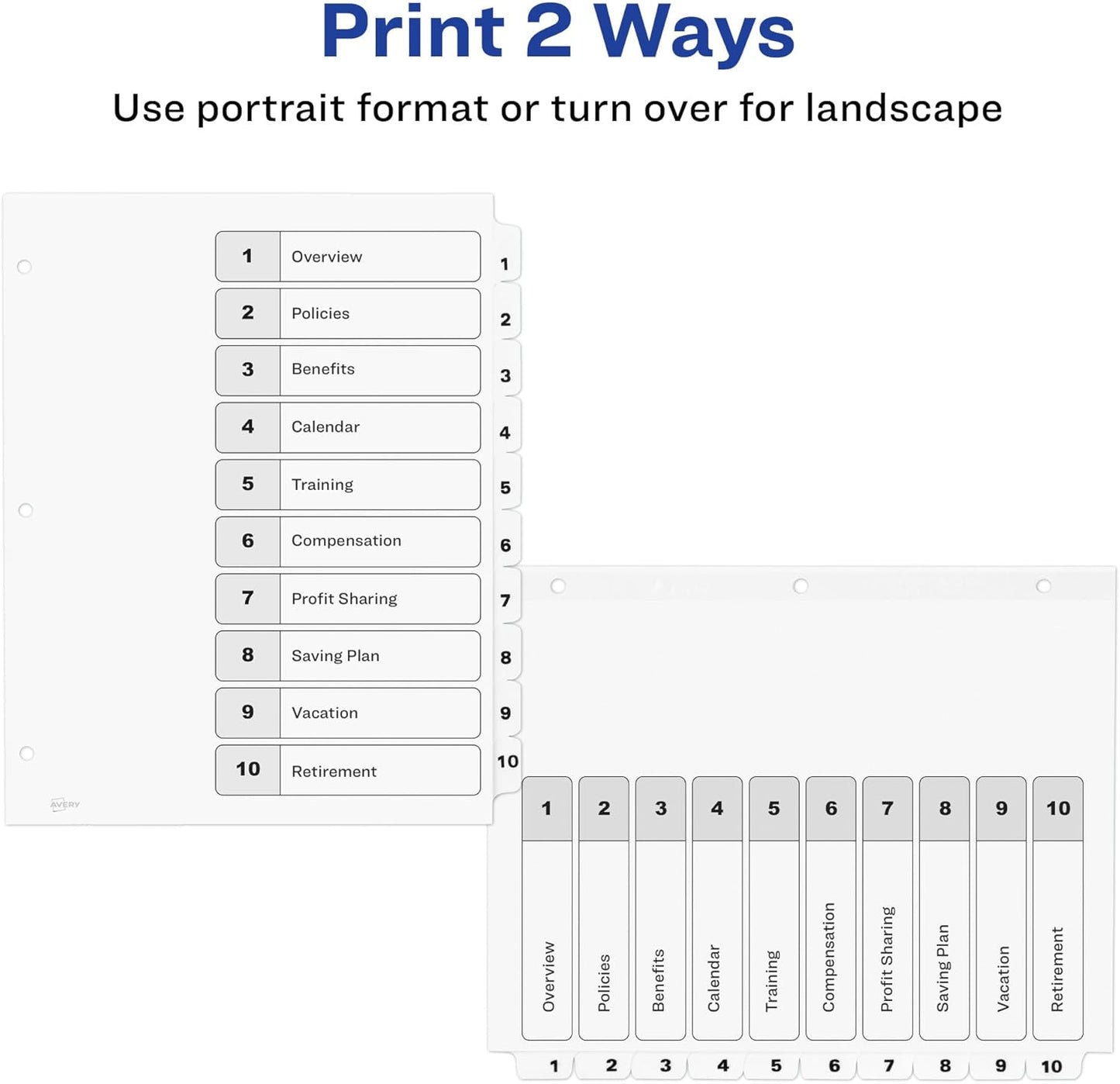 Avery Dividers for 3 Ring Binders, 10 Tabs per Set, Customizable Table of Contents, Classic White Tabs, Great for Organizing Reports, Projects, and More (11134)