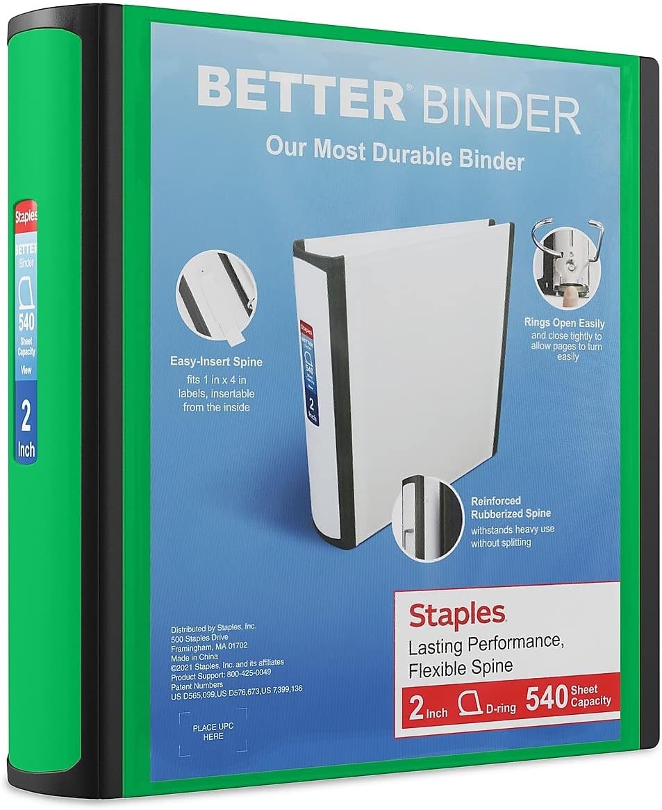 Staples Better Binder 2-Inch D-Ring View Binder, Reinforced Spine, Holds Up to 540 Sheets, Teal, for Office & School