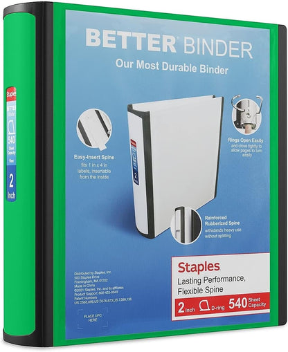 Staples Better Binder 2-Inch D-Ring View Binder, Reinforced Spine, Holds Up to 540 Sheets, Teal, for Office & School
