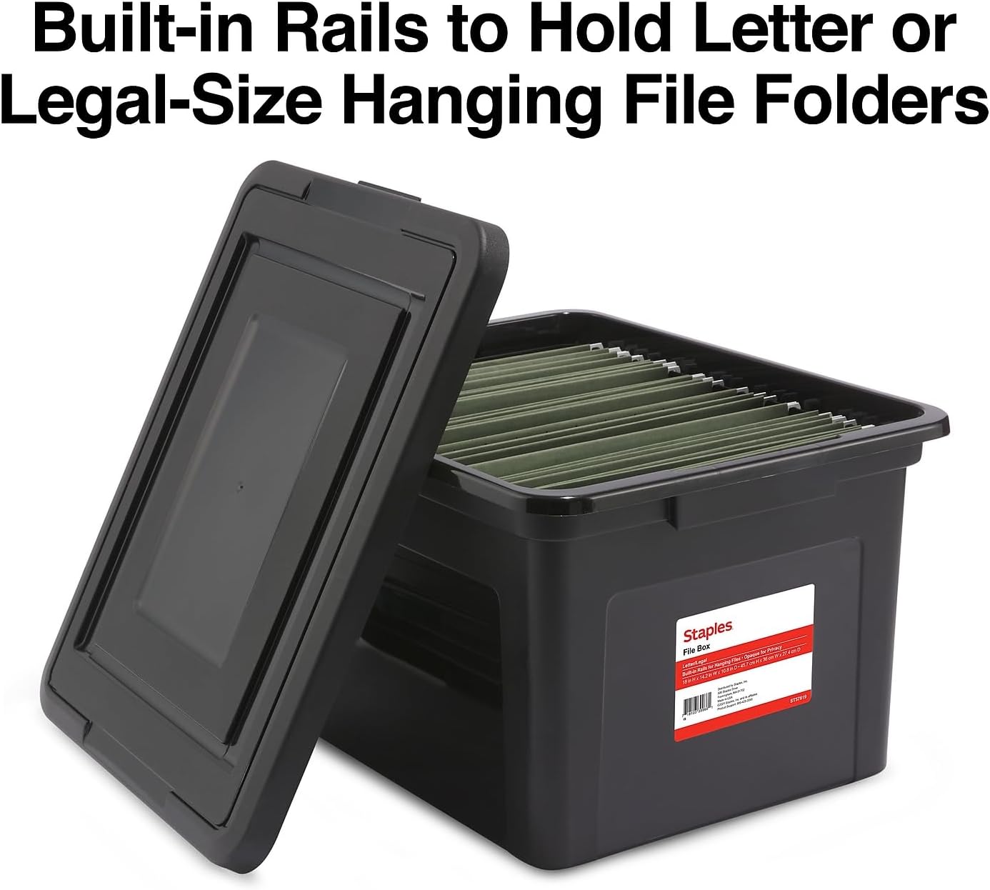 STAPLES File Folder Tote, Portable Filing Box for Letter SIze Hanging Folders, Security Latch & Built-In Lid Organizer, Black/Clear