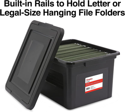 STAPLES File Folder Tote, Portable Filing Box for Letter SIze Hanging Folders, Security Latch & Built-In Lid Organizer, Black/Clear