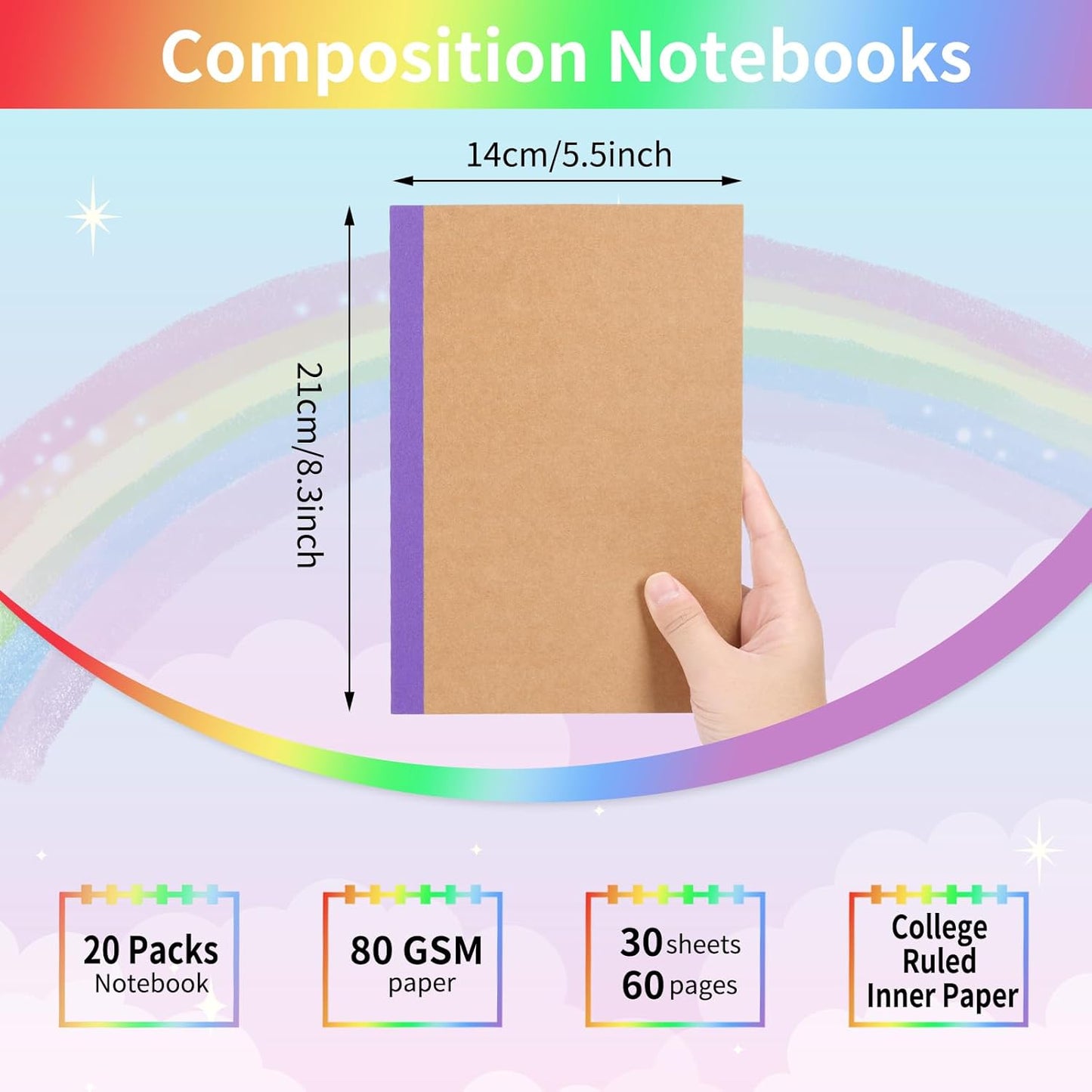 EOOUT 5 Pack A5 Composition Notebook, Kraft Lined Journal Bulk with Pink Spine, 5 Colors, 60 Pages for Women Girls Kids, School Office Supplies