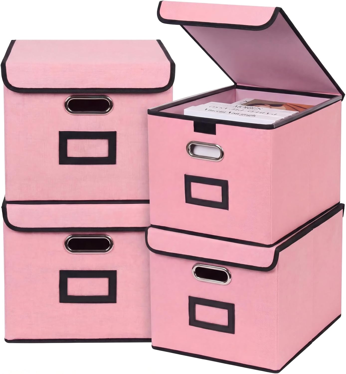File Storage Box with Lid, 15.55x12.87x10.43 Inches, Foldable Organizer with Handles & Label Slot, for File Storage, Home, Office, and Closet Organization(Pink)