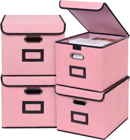 File Storage Box with Lid, 15.55x12.87x10.43 Inches, Foldable Organizer with Handles & Label Slot, for File Storage, Home, Office, and Closet Organization(Pink)