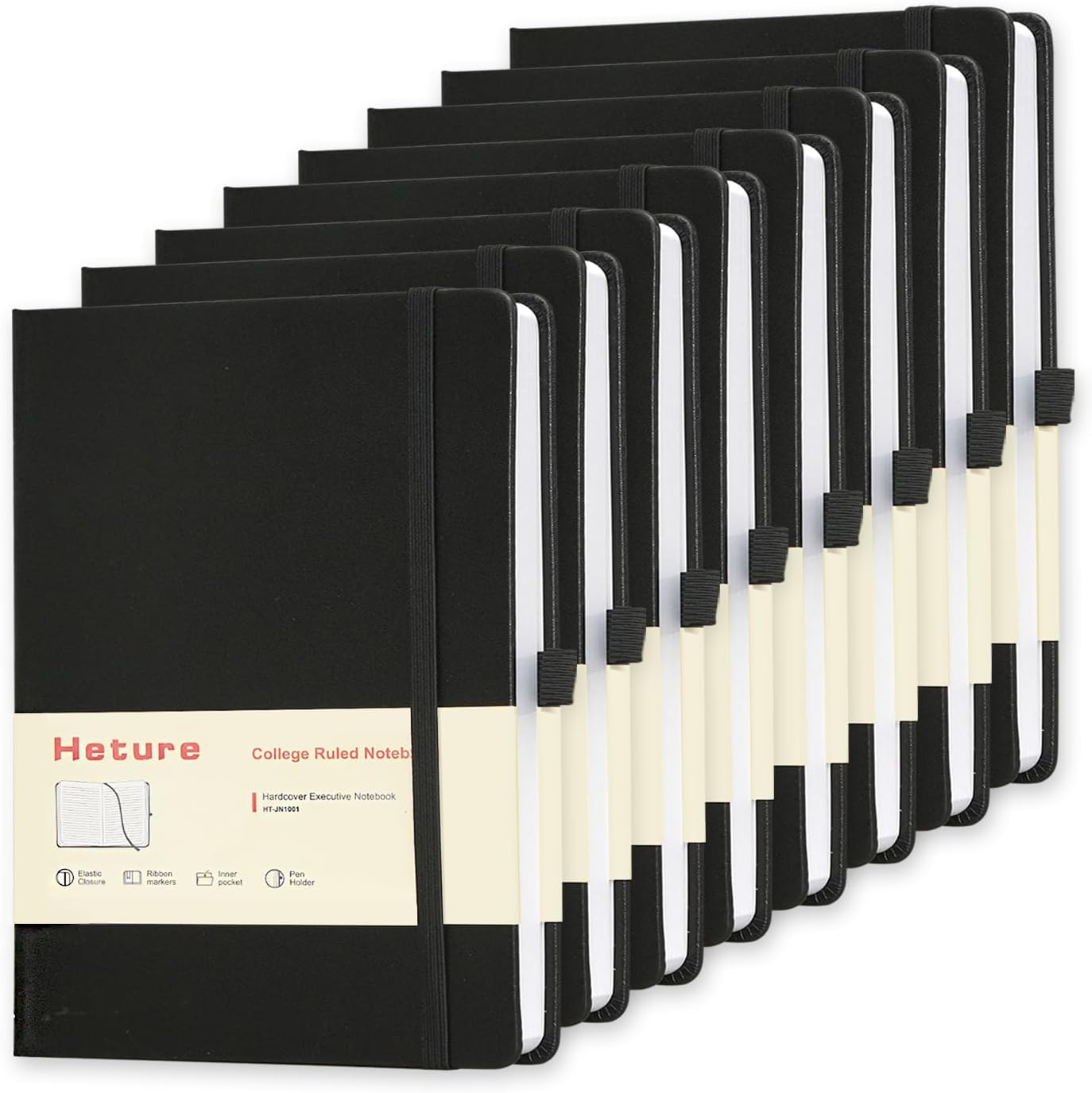 Heture 8 Pack Lined Journal Notebooks,A5 Hardcover Notebooks, 5.5 x 8.3 inch, 100GSM, 160 Pages, Classic College Ruled Notebooks for Writing/Work/Travel/College (Black)