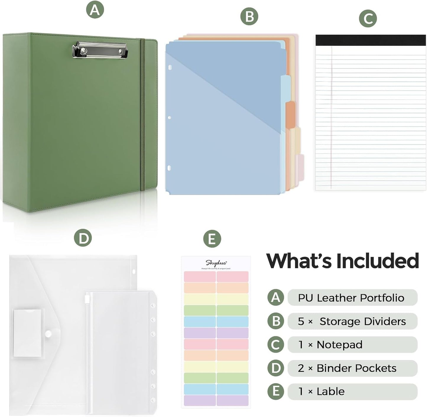 SKYDUE 3 Ring Binder with Clipboard,1 Inch Binder, 13.2" × 10.2" PU Clipboard Binder with Notepad & 5 Dividers with 5 Pockets, Labels, Clipboard Folder Great for School Office(Fit Letter Sized Paper)