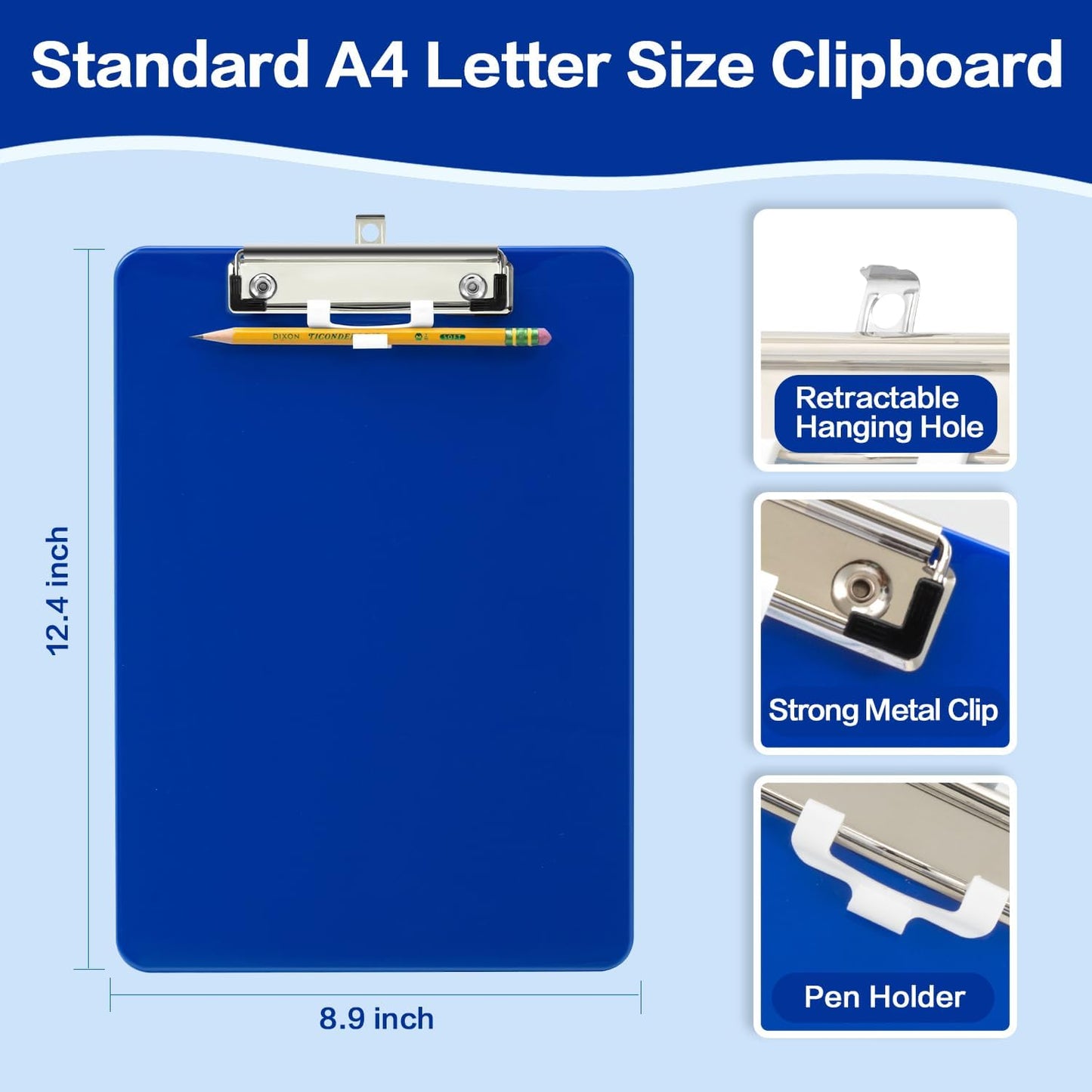 Deli Plastic Clipboard, Clipboards with Low Profile Clip, Standard A4 Letter Size Clipboard for Office, Nurses, Students, and Women, Size 12.4 ×9 Inch, Blue