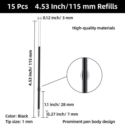 4.53 Inch Retractable Ballpoint Pen Refills, 1 mm Medium Tip Ink Pen Refills for Click Pens (Length 4.53 Inch/115 mm, Can be Cut to 4.2 Inch/107 mm or 3.85 Inch/98 mm) (Black, 15 Pcs)