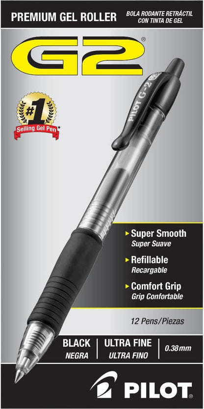 PILOT G2 Premium Refillable and Retractable Rolling Ball Gel Pens, Ultra Fine Point, Black Ink, 12-Pack (31277)