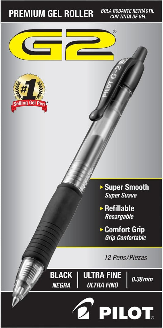 PILOT G2 Premium Refillable and Retractable Rolling Ball Gel Pens, Ultra Fine Point, Black Ink, 12-Pack (31277)
