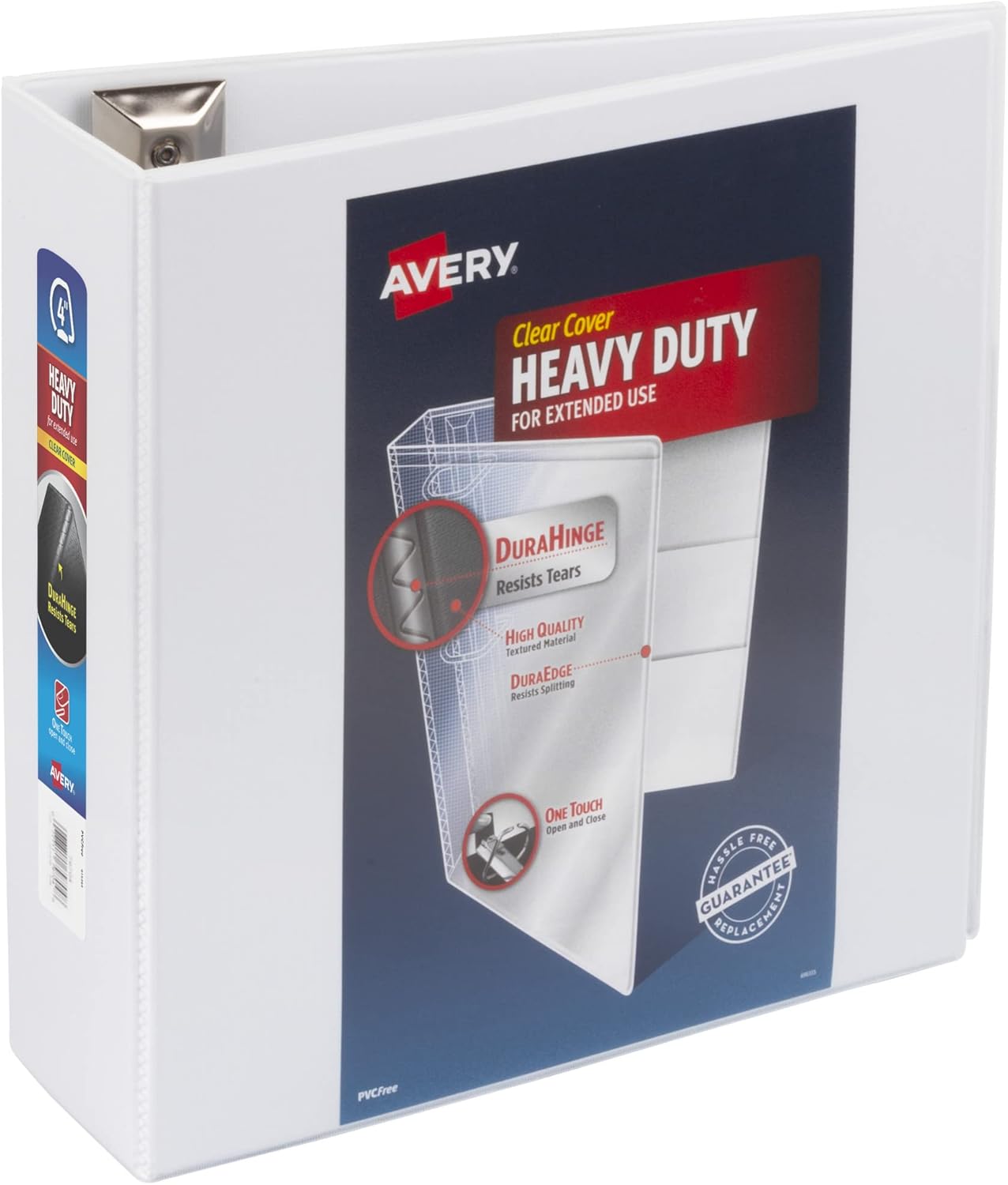 Avery Heavy-Duty View 3 Ring Binder, 2 Inch One Touch Slant Rings, 530-Sheet Capacity, DuraHinge, 2.8 Inch Wide Spine, Customizable Clear Cover and Spine, 1 White Binder (79792)