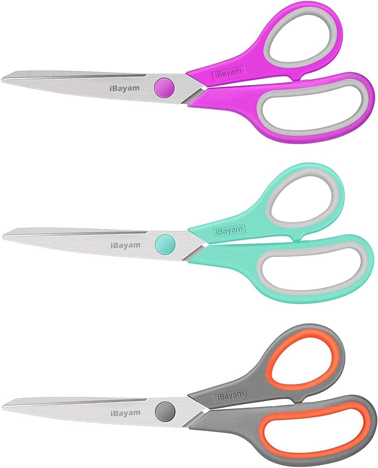 Scissors, iBayam 8" All Purpose Scissors Bulk 3-Pack, Ultra Sharp 2.5mm Thick Blade Shears Comfort-Grip for Aesthetic Fun Cute School Office Teacher Desk Crafts and Art Supplies Accessories Essential