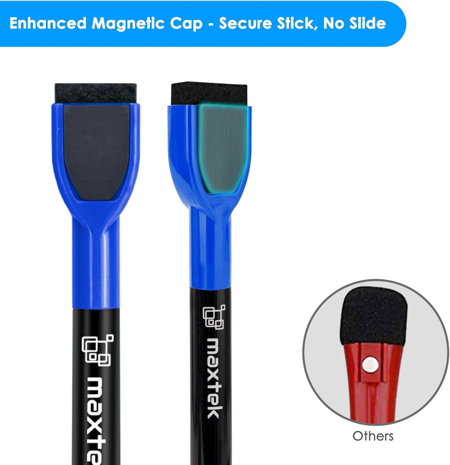 maxtek Magnetic Black Dry Erase Markers, 6 Count Fine Tip Whiteboard Markers with Eraser, Thin Markers Low Odor for Classroom, Office, Home