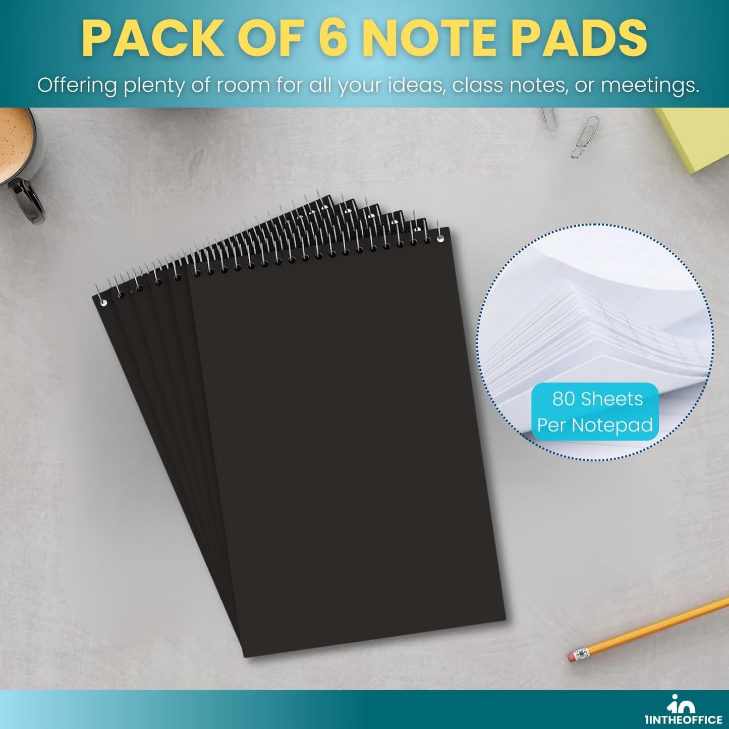 1InTheOffice Graph Ruled Notepad 6x9, Spiral Steno Pads, Top Bound, Quad Ruled, 80 Sheets/Pad, (6 Pack)