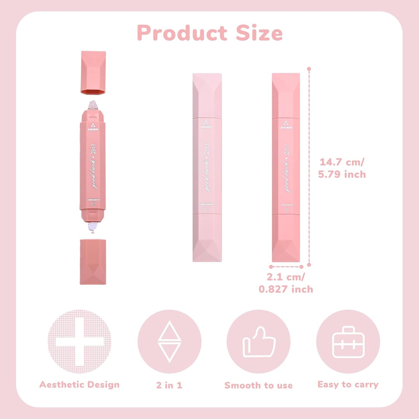 Temiary 4 Pcs 2 in 1 White Correction Tape and Double Sided Roller Set, Aesthetic Smooth Pull Out Tapes with Adhesive Glue Tape Roller Runner for School Office Supplies (Pink)