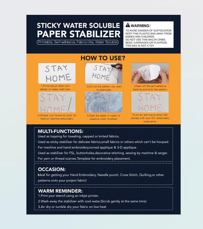 FURWEY 12PCS 8.5"x11" Wash Away Embroidery Stabilizer – Self Adhesive & Printable, Water Soluble Paper for Hand and Machine Use