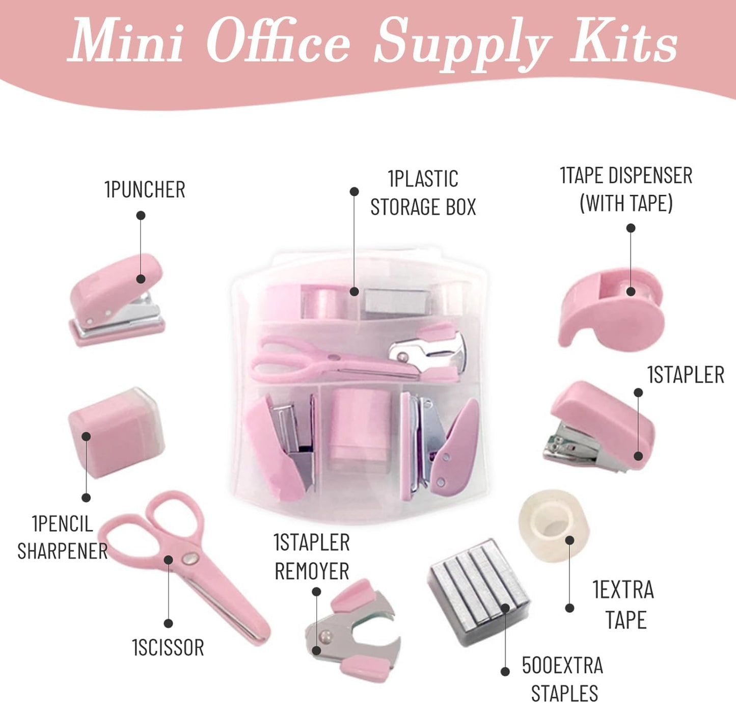 8 Pack Mini Office Supply Kit Portable Case with Scissors,Tape Dispenser Set, Punch,Pencil Sharpener, Mini Stapler with Staples and Staple Remover (Pink)