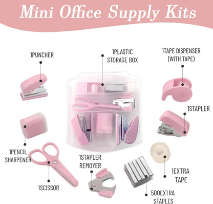 8 Pack Mini Office Supply Kit Portable Case with Scissors,Tape Dispenser Set, Punch,Pencil Sharpener, Mini Stapler with Staples and Staple Remover (Pink)