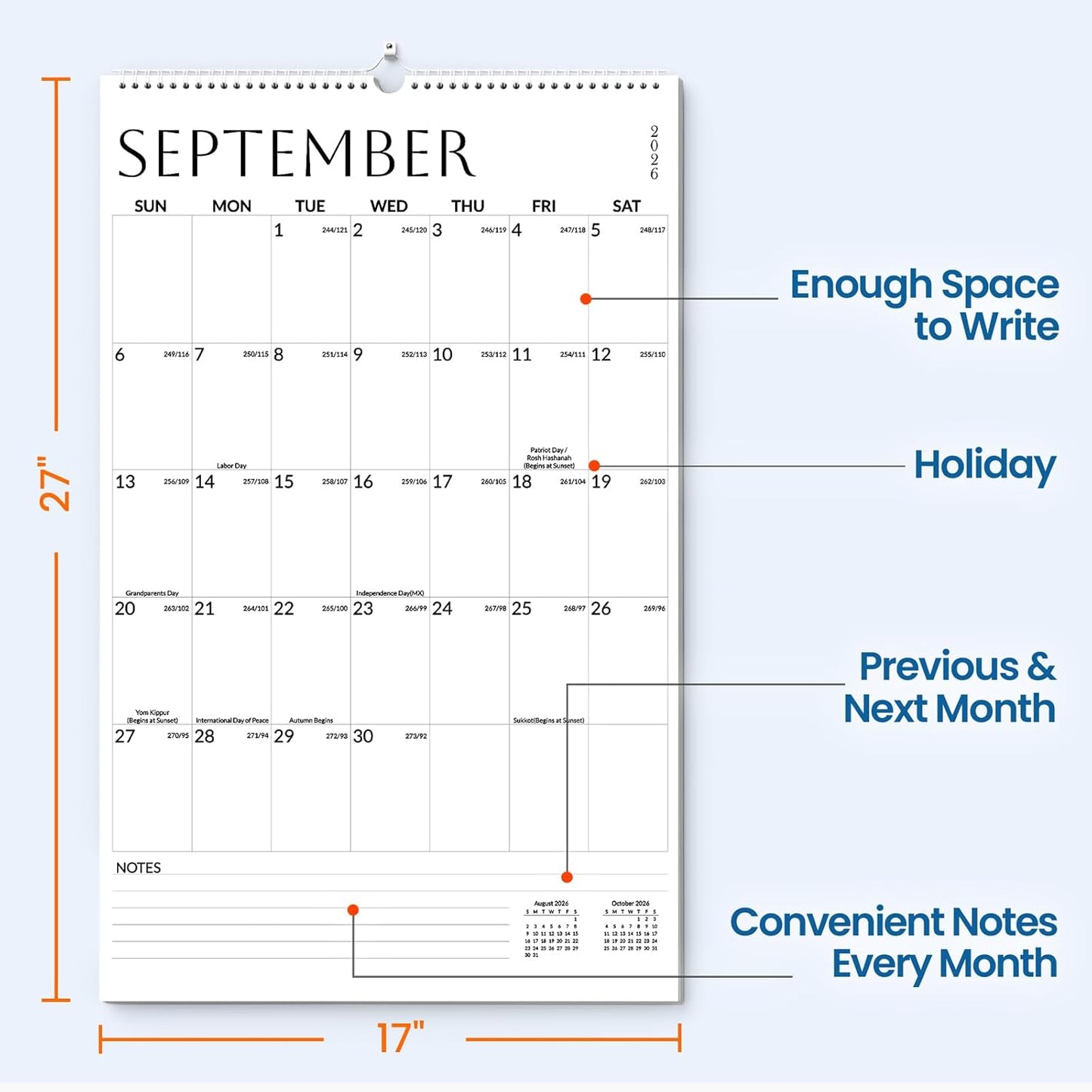 SUNEE 2026 Wall Calendar Large 22.75"x15.5", 21 Month Calendar (Ends December 2027), Vertical Extra Large, Seasons Color
