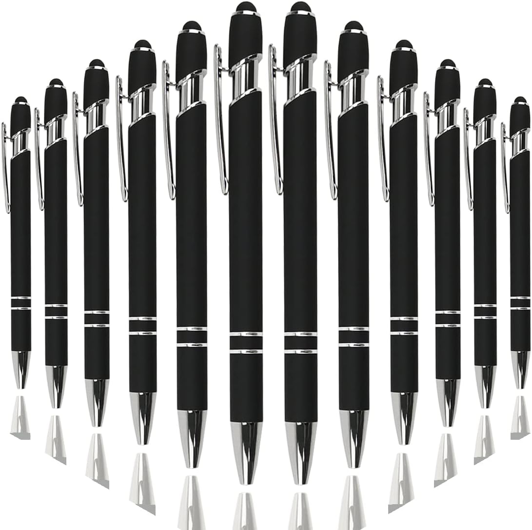 Oddmoal Ballpoint Pen with Stylus Tip, Soft Touch Click Metal Pen, 1.0mm Medium Point, Black Ink, 12 Count(Black)