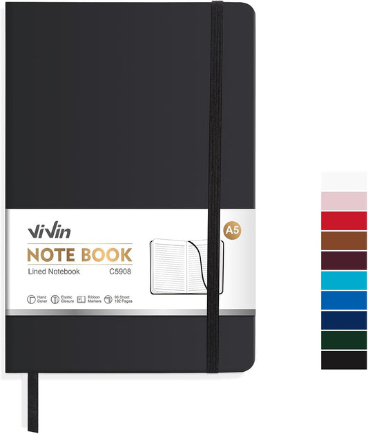 ViVin Lined Journal Notebooks for Work, 192 Pages, Medium 5.5 x 8.3 inch, College Ruled, A5 Hardcover Journaling Notebooks for Writing, 8 Pack Bulk,Black