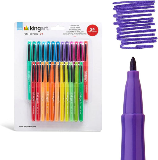 KINGART FELT TIP PEN MARKERS, Medium Point, Bright Colors, For Writing, Journaling, Note Taking, Set of 24